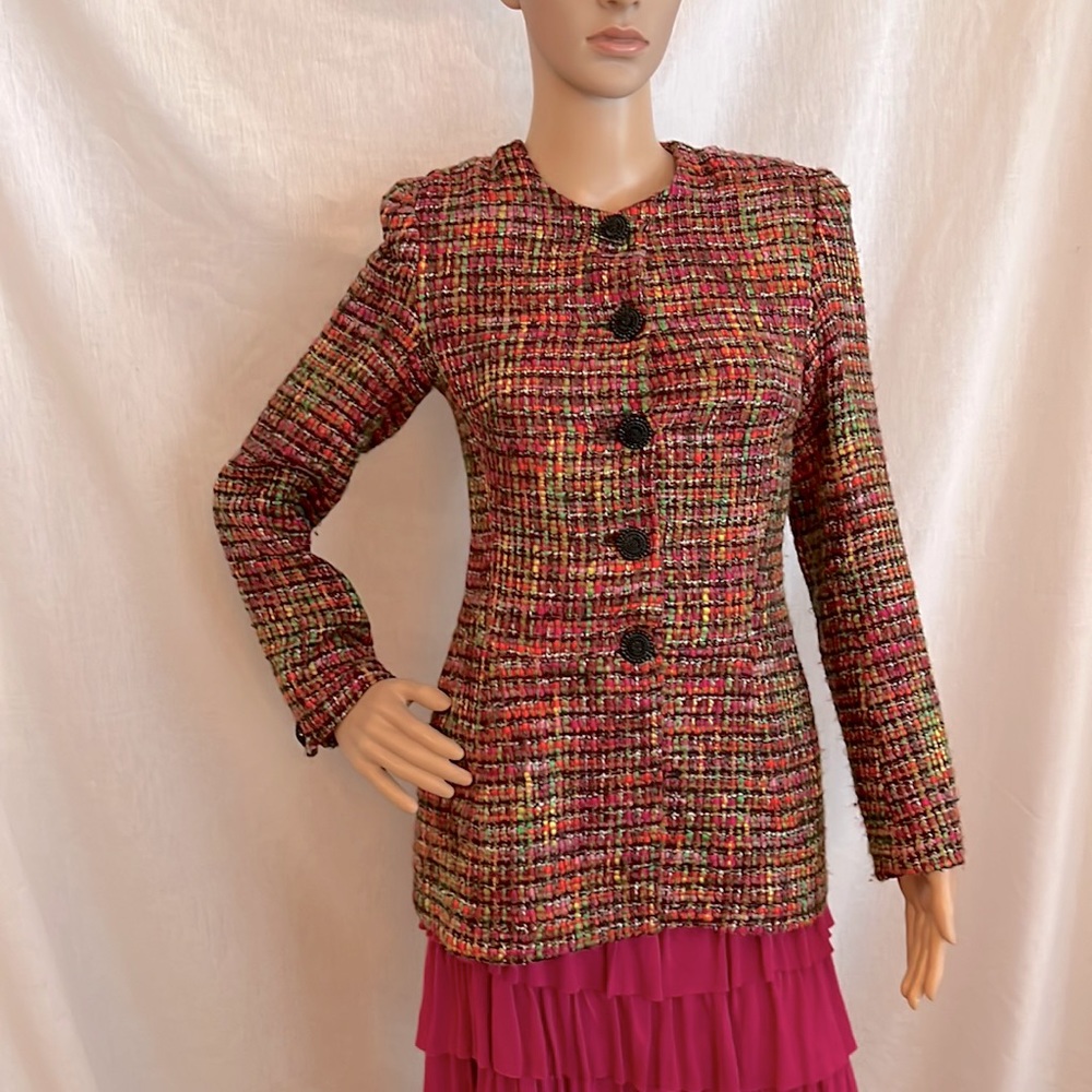 One of a kind custom made jacket of polyester weave in orange/pink/green/black